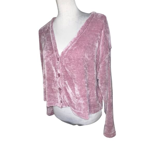 Old Navy rose dawn size L crop long sleeve button front Deep V knit Chenille top - Picture 2 of 7